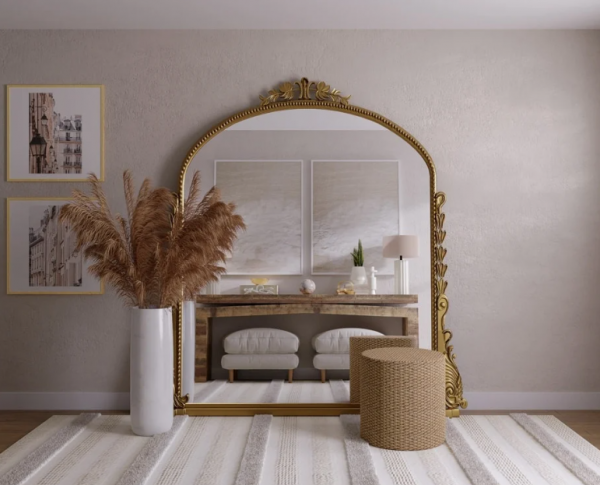 Kamar remaja dengan cermin besar berbingkai emas sebagai aksen Eropa yang anggun